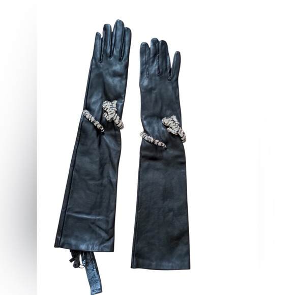 Zara Accessories - Zara ‘89 Sheep Black Leather Rhinestone Salamander Long Gloves Sz. Medium NWT